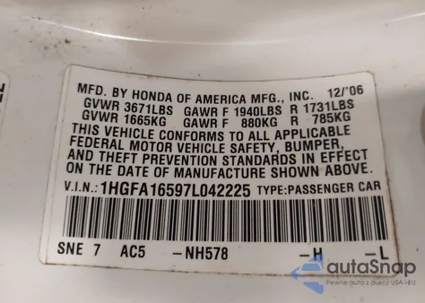 2007 Honda Civic Lx из США, поврежденный, VIN 1HGFA16597L042225